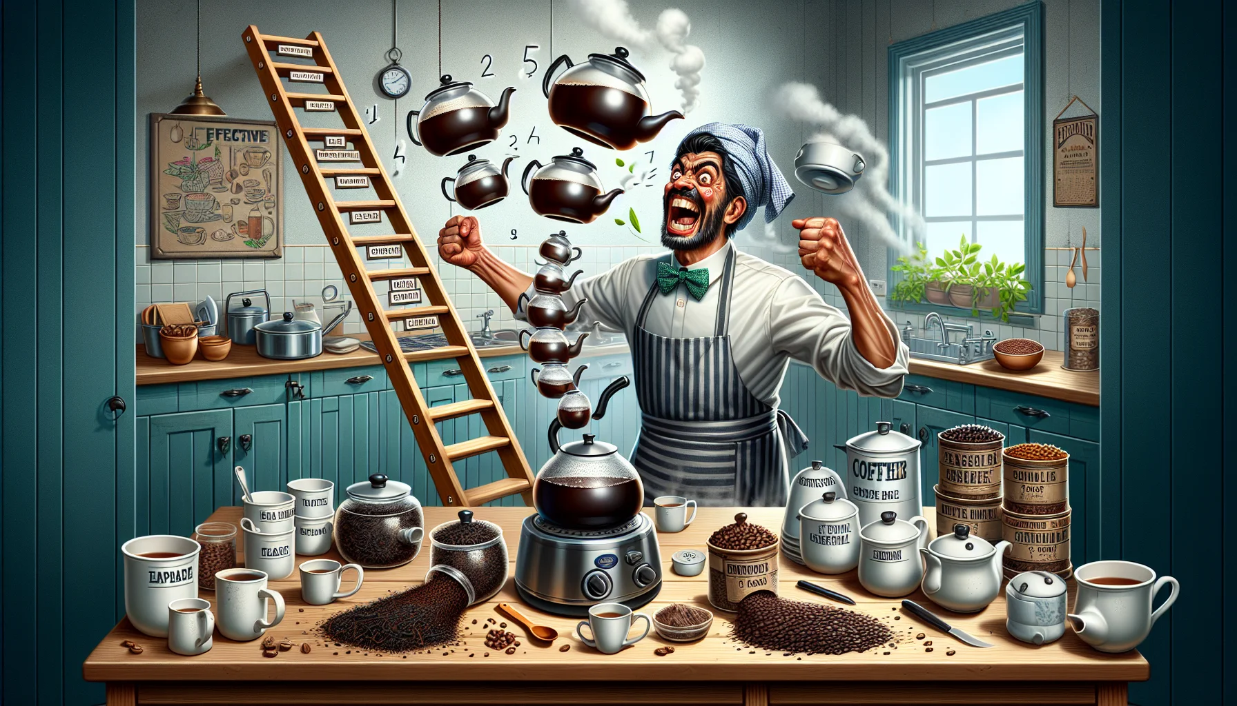 Create a humorous and realistic illustration of a brewing guide. The scene unfolds in an upbeat kitchen setting with a variety of tea and coffee brewing equipment arranged. The main character is an energetic and grimacing South Asian man wearing a smart apron. He is comically juggling several teapots and coffee pots with steam rising from each of them. A ladder stretching towards the ceiling signifies the 'steps', with each step labeled with effective brewing tips. Assorted tea leaves, coffee beans, and other brewing products are scattered about the place adding to the chaos and fun.