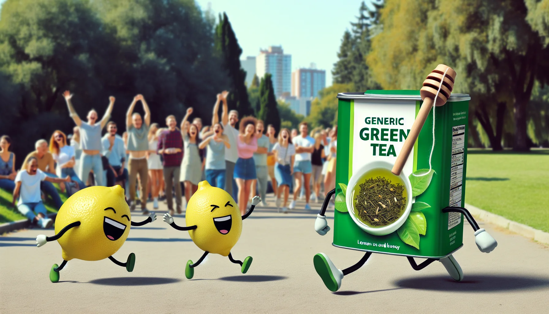 Create an image of a fun scene that includes a generic brand of green tea, not associated with any specific designer or personality. The setting could be in the park with onlookers in the background. The green tea appears to have sprouted legs and is playfully chasing around laughing lemon and honey characters. This light-hearted scenario should be enticing to people, painting the idea of drinking green tea as enjoyable and fun.