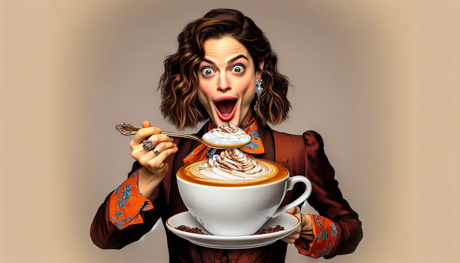 Generate an image featuring a talented female actor, who carries a striking resemblance to Elizabeth Cappuccino, inviting people to enjoy a jovial scenario. She should be charmingly dressed, goofily holding an oversize spoon full of frothy cappuccino with hilarious surprise on her face.
