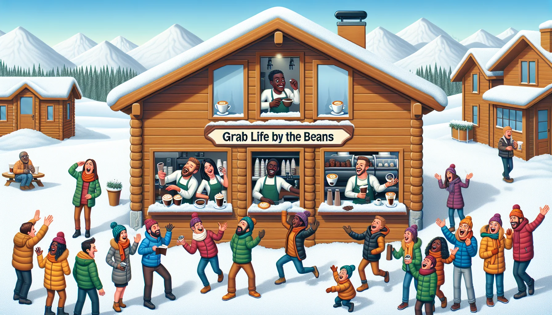 Create an engaging and humorous scene at an espresso chalet. Picture a chalet tucked in the midst of a snowy landscape, with large windows revealing the interior. Inside, four baristas with different descents are bustling about: a Caucasian male vying to make the perfect froth, a Black female showing off a latte art, a Hispanic male juggling espresso cups, and a South Asian female laughing while taking orders. The sign outside the chalet humorously reads 'Grab life by the beans'. A crowd of excited people of different genders and descents is waiting in line in the snow, cheerfully laughing at the sign and the antics of the baristas.
