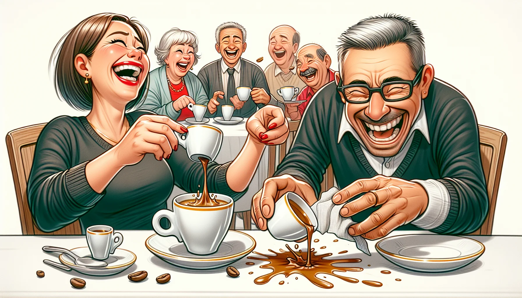 Draw a humorous scene featuring an espresso cup set. A Caucasian adult woman is laughing while clumsily spilling some espresso from her tiny cup onto the clean, white tablecloth. Next to her, a Black adult man is chuckling and holding a napkin, preparing to clean the mess. In the background, there's a Hispanic senior man laughing heartily and holding a steaming espresso cup. The espresso cups are porcelain-white with golden rims, and the espresso inside them is a deep, rich shade of brown. The overall atmosphere is inviting and full of fun, encouraging other people to join and enjoy this engaging, coffee-filled moment.