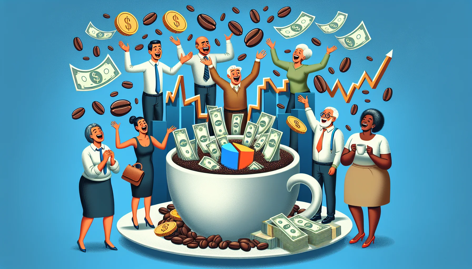 Create an amusing image of a stylized physical representation of an 'espresso demat account', perhaps a coffee cup with charts, graphs, and figures floating above it. Commodities like beans, money bills, and coins are pouring out of it into a saucer like profits. Around the arrangement, a group of diverse individuals: a middle-aged Hispanic woman, a young South Asian man, a Caucasian senior man, and a Black woman in her thirties, are happily interacting, laughing, and excited. The scene should convey a vibe of fun and profitability associated with investing.