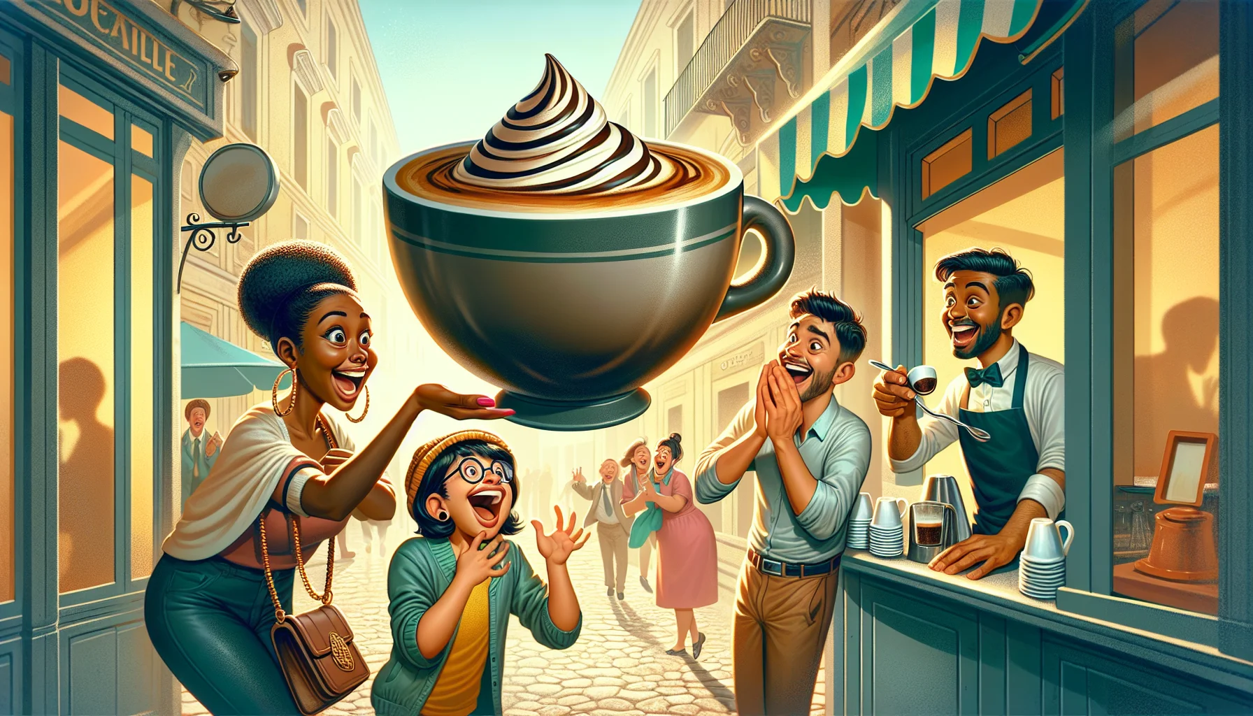 Illustrate an amusing scenario meant to inspire people to enjoy their espresso doppio. Picture a whimsical street café setting with the main showpiece being an oversized, brimming cup of espresso doppio. A surprised Black woman, a delighted Hispanic man and a chuckling Middle-Eastern teenager each discovering the gigantic cup and reacting with astonishment and joy. Include a well-dressed barista who is South Asian in ethnicity, standing behind the counter and laughing at their reactions. Incorporate details like the rich, creamy texture of the espresso, the ornate spoon for stirring perfectly capturing the fun of the moment.