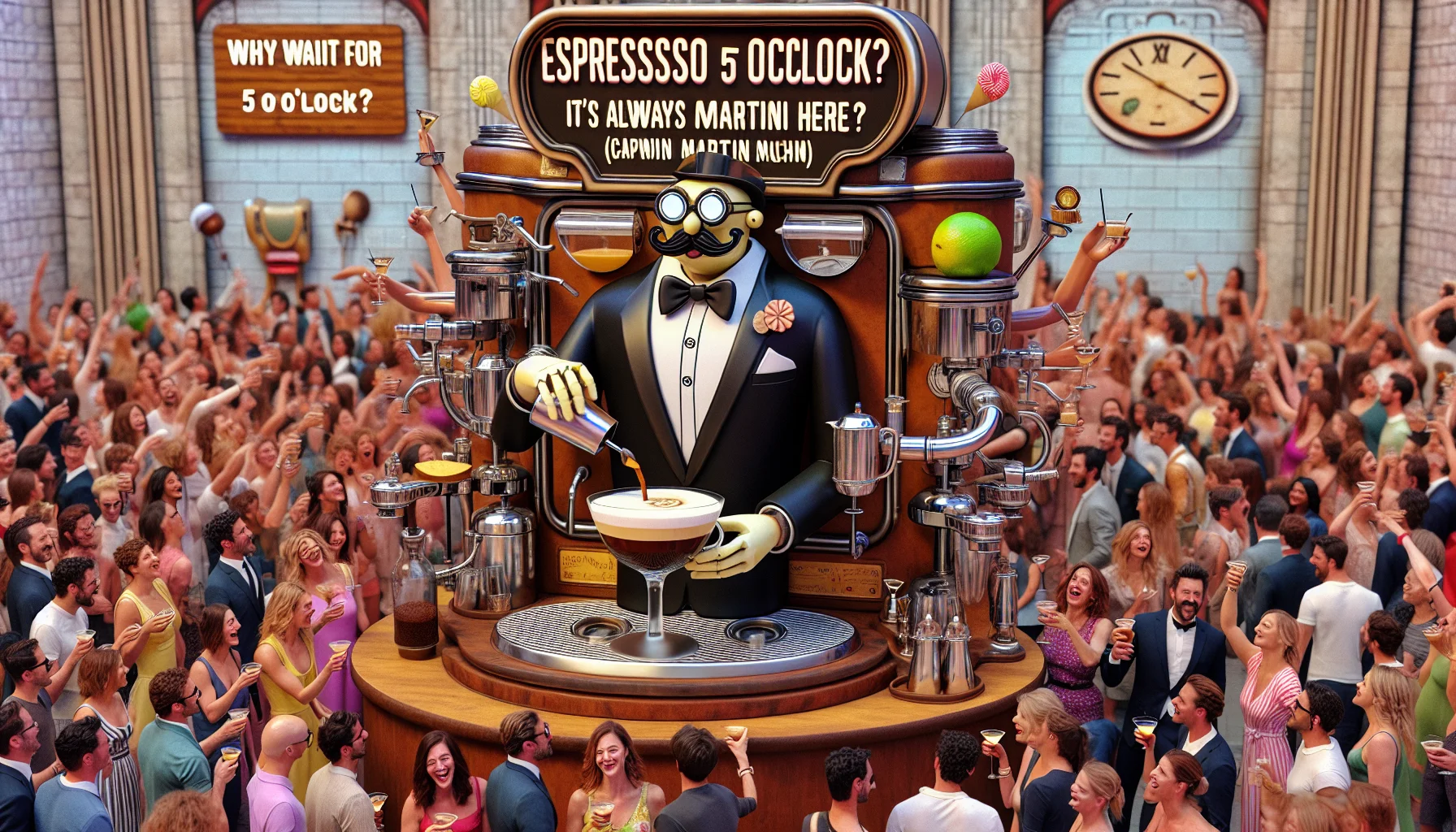 Imagine a humorous scene featuring an Espresso Martini machine. The machine is designed like a charming mechanical bartender situated in a lively party atmosphere. The machine is in the process of skillfully mixing an Espresso Martini cocktail, much to the amusement of the surrounding crowd. The machine is adorned with comical decorations enhancing its charisma, such as an oversized top hat and a handlebar mustache. A sign nearby humorously invites people to indulge saying, 'Why wait for 5 o'clock? It's always martini time here!'. The crowd present is filled with a diverse group of people of various descents and genders, each holding a delightful Espresso Martini, cheerfully enjoying the party.