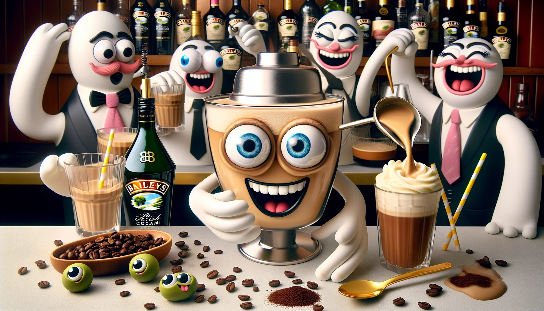 A lively and delightful scene showcasing the intricate process of making an Espresso Martini with Baileys. In the center, a quirky cocktail shaker with eyes is vigorously mixing the ingredients - coffee, vodka, Baileys Irish Cream, and simple syrup. It is wearing a cheerful tie, signaling it's enjoying its duty. On the counter, other humorous ingredients are lined up waiting their turn, exhibiting expressive faces, while two garnish olives are laughing at a joke narrated by a spoon. All around, an atmosphere of joy and revelry encourages onlookers to partake in the fun of making and savoring this delightfully rich cocktail.