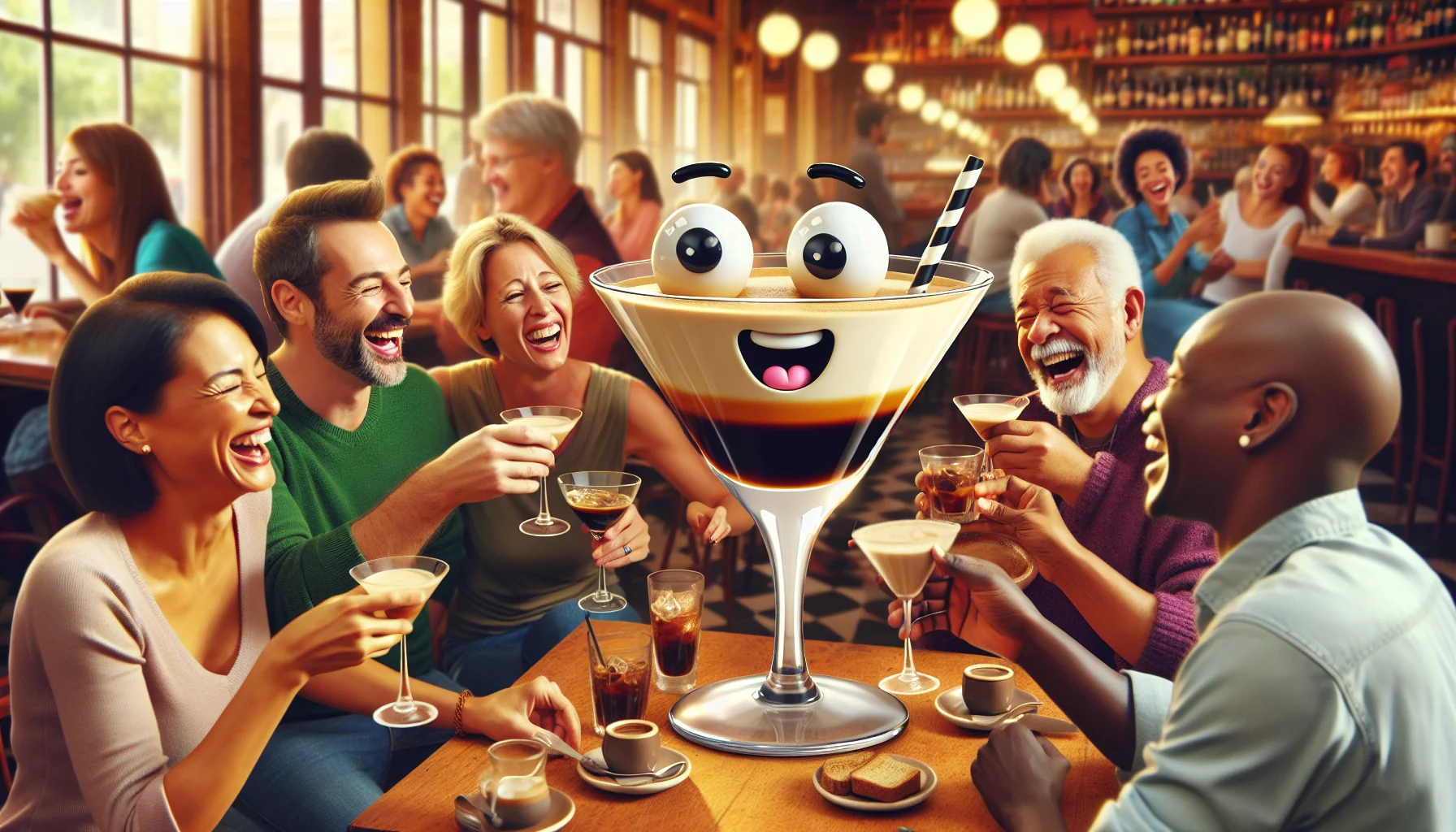 Imagine a lighthearted and funny scene at a bustling café. An animated espresso martini glass filled with Baileys is behaving like a lovable character, encouraging people to unwind. The glass has cute googly eyes and is spreading cheer among a group of diverse people - a middle-aged Caucasian woman, a young Hispanic man, a South Asian teenager, and an elderly Black gentleman. The characters are laughing and toasting to good times, surrounded by the chatter and clink of café ambience. The warm atmosphere and joyous laughter make the scene truly inviting and heartwarming.