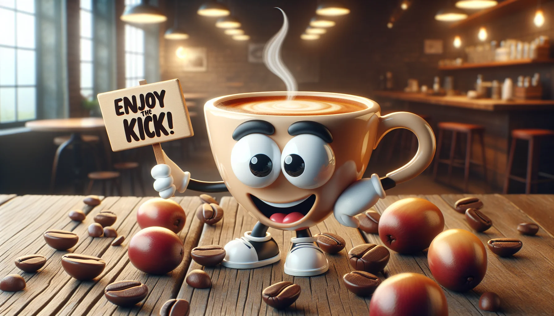 Create a humorous and realistic scenario with an anthropomorphic espresso cup. The cup has wide eyes and a charming smile, while its tiny hands hold a sign saying, 'Enjoy the kick!'. It stands on a rustic wooden table surrounded by ripe coffee beans, scattered cheekily. The background is a cozy cafe interior, complete with warm, soft lighting. The entire scene seems to be inviting people to join in the fun and savor the delicious espresso.