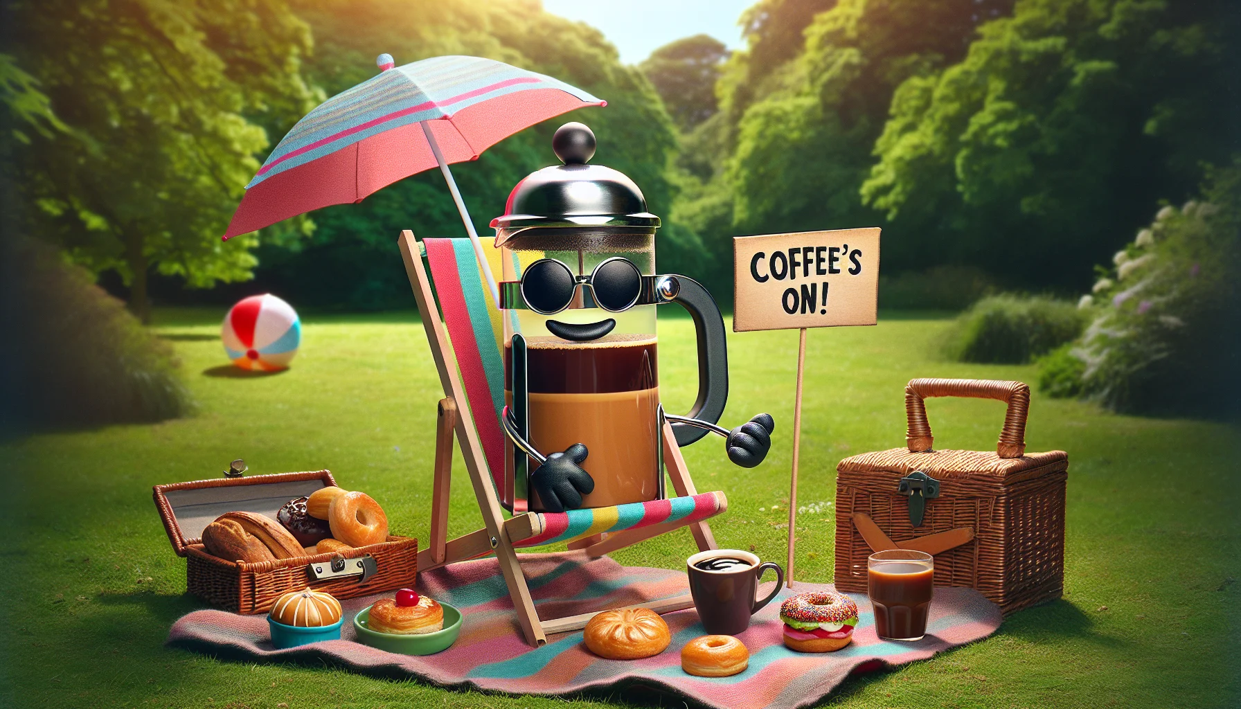 Imagine a classic French press coffee maker enjoying a summer day in a park. It's wearing sunglasses and a sun hat, lounging in a small deck chair with colorful stripes, surrounded by a small picnic blanket with a variety of pastries. A sign is planted in the ground next to it, reading 'Coffee's On!'. The French press waves a little flag that says, 'Join me', with a charming and inviting aura. This surreal and hilarious scene is sure to tickle your funny bone and remind you of the joy of a good coffee.