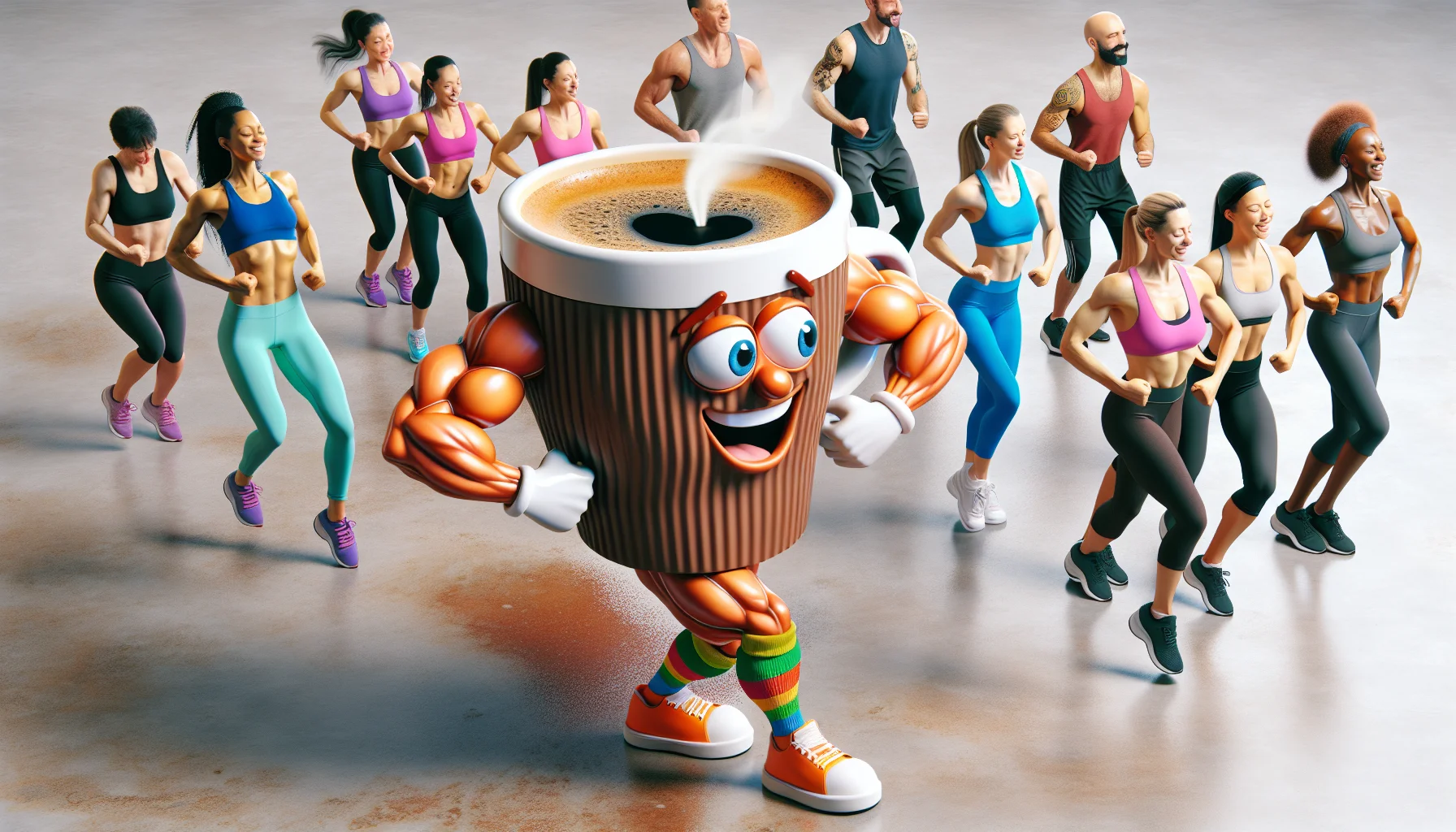 Imagine a scene where a physical manifestation of espresso, with muscular arms and legs, is participating in an aerobic dance class. This amusing, anthropomorphic cup of espresso, with steam wafting from its open top like sweat, is motivating a diverse group of humans around it. The humans vary in age, gender, and descent including Caucasian, Hispanic, Black, Middle-Eastern, and South Asian. They are all dancing rhythmically, wearing vibrant workout attire, and lively expressions etched on their faces suggest enjoyment and enthusiasm. This image captures the fun element of healthy living while promoting the love for espresso.