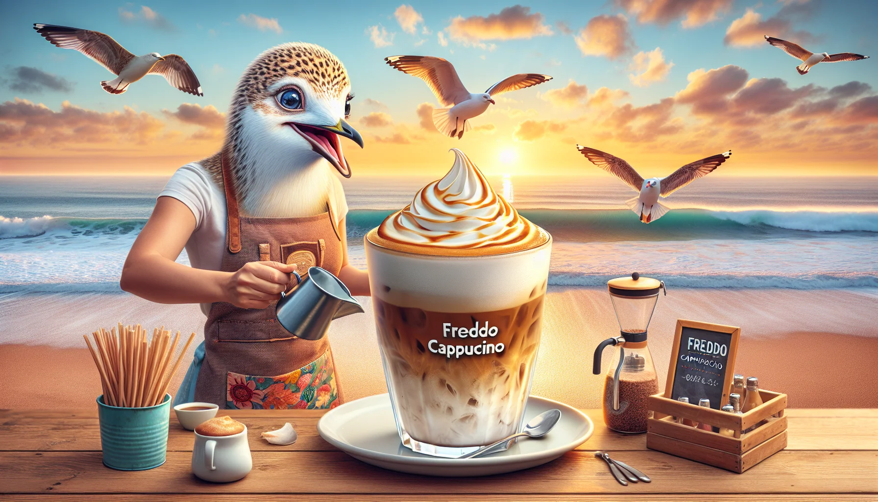 Generate an image that masterfully blends humor and refreshment. Picture a scene of a whimsical coastal café, where a cheerful female sea-gull with shiny feathers, wearing a fun barista's apron, is skillfully preparing a Freddo Cappuccino. The iced cappuccino, with its foamy topping frothing over the brim in an amusing way, invites the viewer to partake. The delicious beverage sits atop a wooden table, with the sea's waves gently undulating in the background under a warmly set morning sunrise. Let the blissful scene stir the viewer's desire to taste the invigorating Freddo cappuccino.