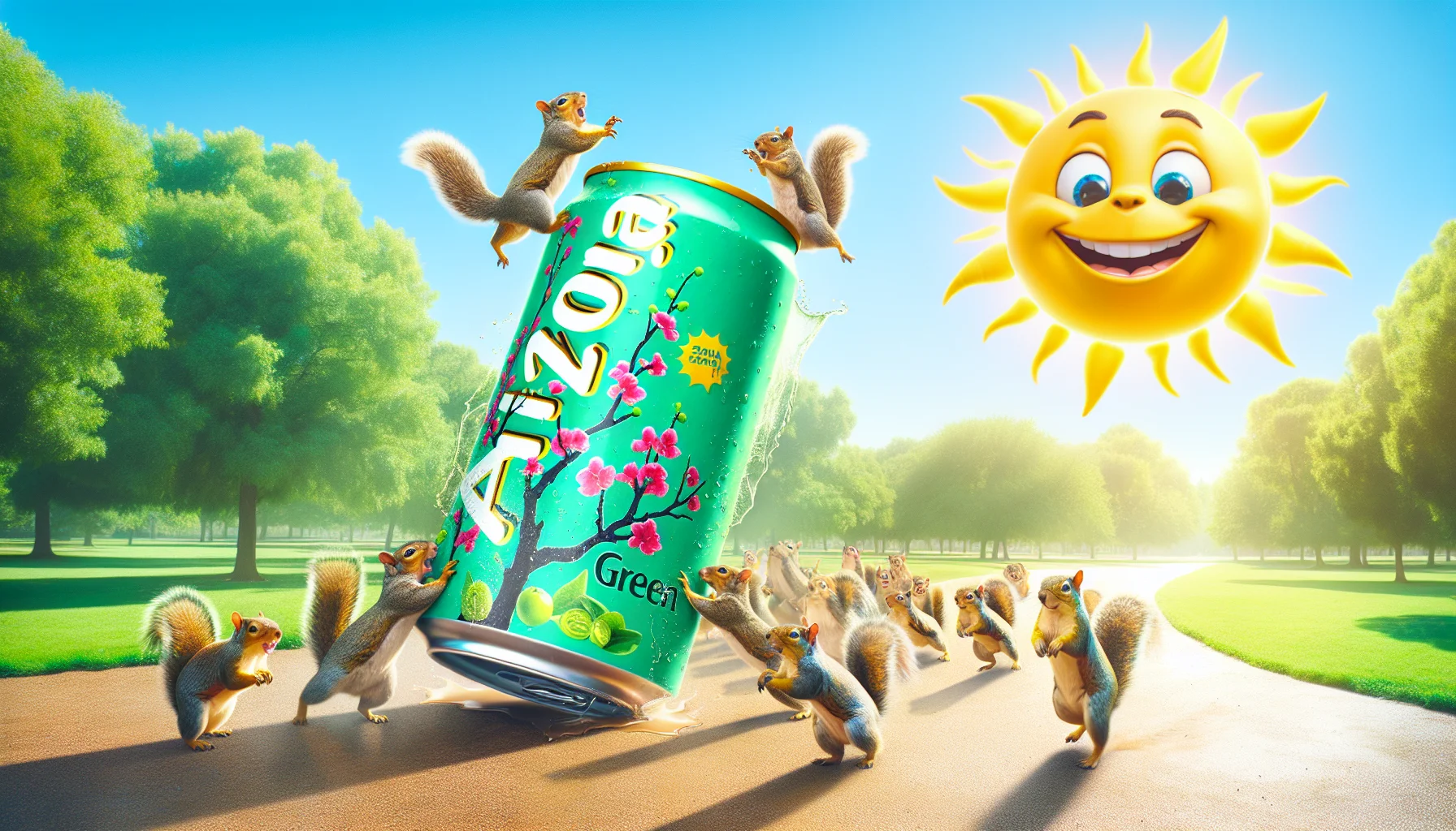 Create a vibrant and playful image of a large can of green tea branded as 'Arizona.' Situate the can in a humorous scenario in a sunlit park, with animals like squirrels, leaping playfully towards the can, showing an exaggerated fascination towards it. The can should be tilted slightly, giving the illusion that the cheering squirrel crowd is pushing it. Also, include smiling faces on the sun and the flowers, indicating the warmth and the fun of the scene. The backdrop of clear blue skies and lush green trees adds to the natural charm. The scene should evoke a sense of joy and elicit a chuckle, encouraging people to join in the fun and enjoy the beverage.