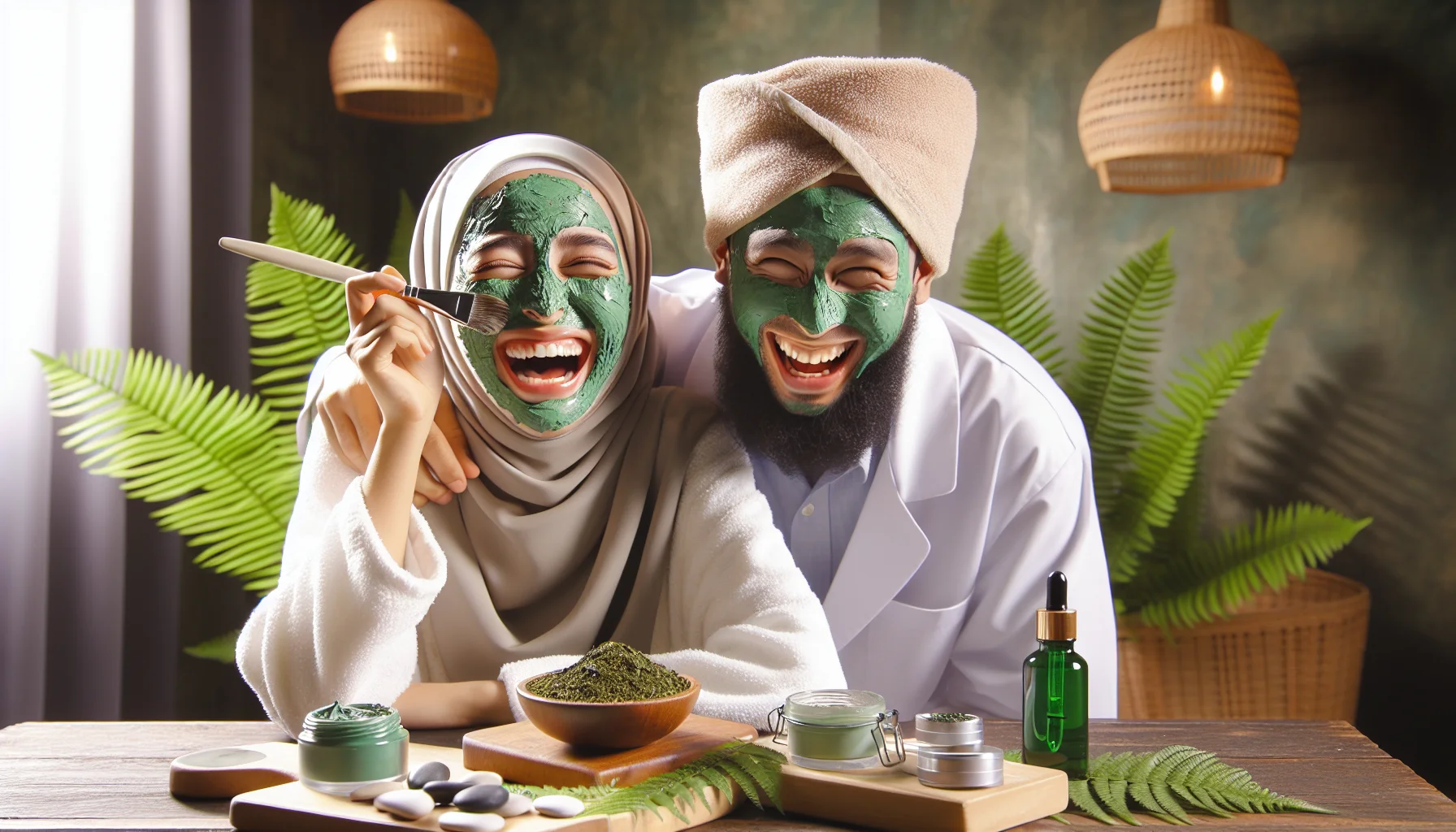 Craft an image that adeptly captures the essence of using a green tea cleansing mask in a humorous context that draws people in. A Middle Eastern woman is laughing heartily as her face covered with a vibrant green facial mask by her Asian male friend, reflective of the green tea mask. The background showcases a serene spa setup, complete with relaxing ferns and soft candlelight. The table in front, awash with assorted skincare items, including a bowl of green tea leaves, a wooden spatula, and an open jar of the green cleansing mask, underscores the skincare theme at the core.