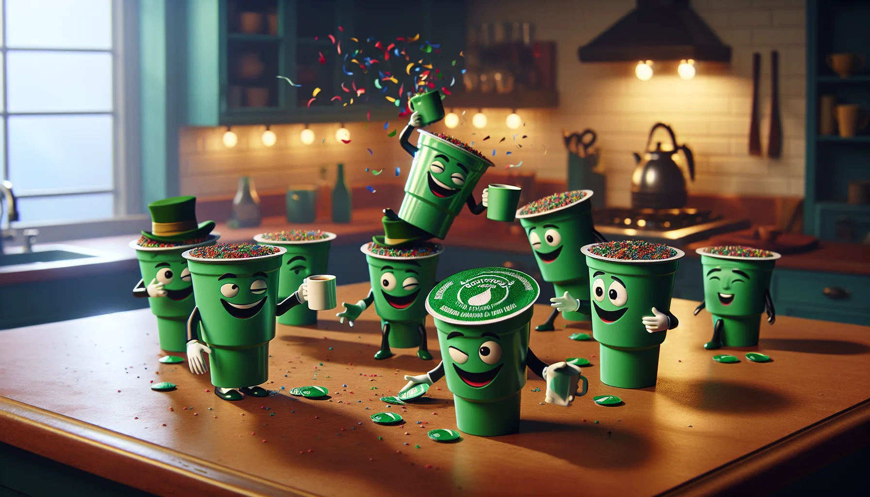 Imagine a humorous scene with green tea k-cups. They're having a party with confetti popping out from the top of the k-cups, and one of them is even wearing a joker's hat, playfully winking us to join the fun. K-cups are dancing around in a circle, some of them have tiny hands and are making toasts. Through the visual puns and playful interaction, they're encouraging us to enjoy the simple pleasure of a hot cup of green tea. The background is a cosy kitchen with warm light.