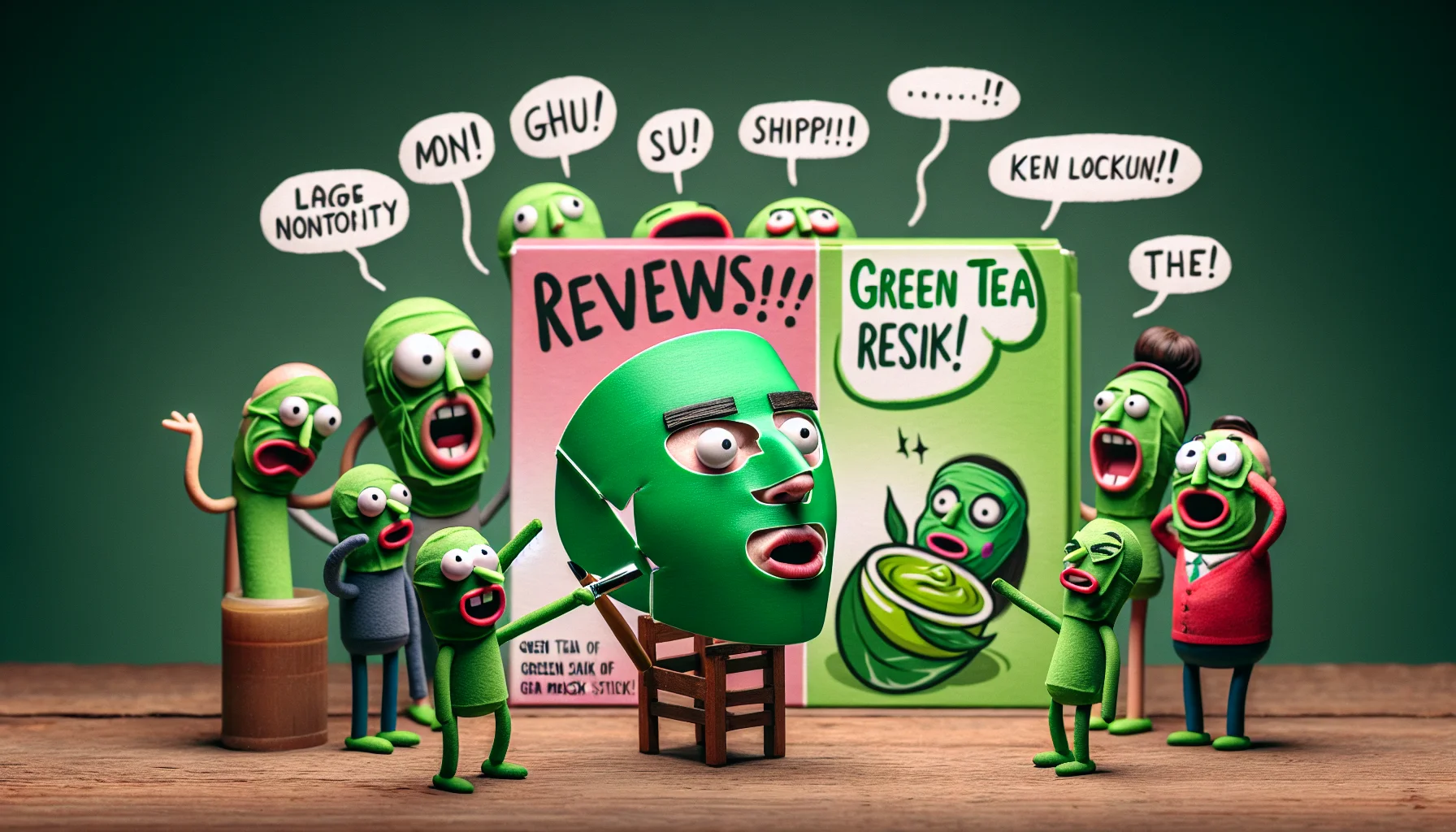 Craft an amusing scene that exhibits reviews for a green tea mask stick. Perhaps a variety of facial expressions can be portrayed on stick figure characters, each trying out the mask, showcasing both surprise and delight. Emphasise the vivid green colour of the mask stick and perhaps include a large novelty-sized version for comedic effect. Encourage the viewer to engage with the humour and jovial atmosphere of the image as this could make the product seem more appealing. Remember to keep the tone light and playful to mirror the fun nature of the scenario.