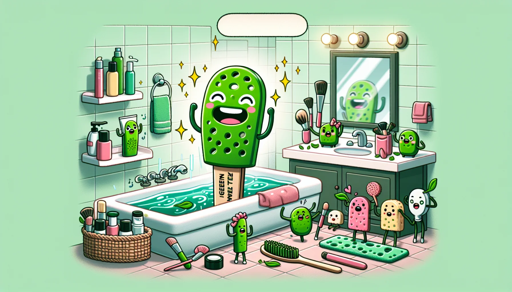 Imagine a lively and interesting scenario unfolding. There's a green tea mask stick coming to life, its label transformed into a playful smile. The mask stick, personified with cartoon-like eyes, arms, and legs, is making its way through a bathroom filled with various beauty products. Some of the products are looking at it with surprise, others with interest, as it energetically performs a tap dance on the counter. A small group of brushes and sponges are clapping, cheering it on. In the corner, a mirror reflects the scene, visually underlining the message: 'Skincare can be fun and exciting. Give this green tea mask stick a try!'