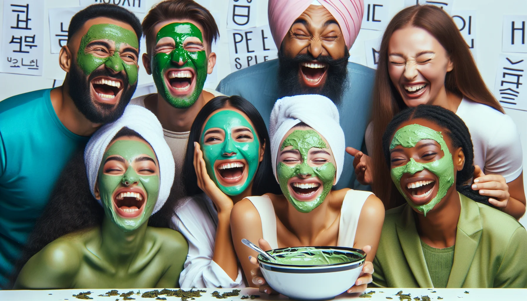 Imagine a humorous scene where a group of friends, each of different descent such as Caucasian, Hispanic, Black, Middle-Eastern, and South Asian are gathered around a bowl of green tea mask. Everyone is laughing, with some wearing the mask on their face. You can see the emerald green paste dripping from their cheeks, filled with excitement and enjoyment. Their atmosphere is contagious, inviting anyone who sees them to join in on the fun of this skincare routine.