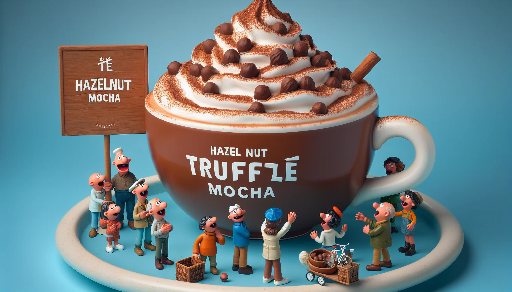 Create a humorous and whimsical scene where an oversized cup of hazelnut truffle mocha, typical of Dutch café culture, seems to be engaging people into partaking. It's filled to the brim with creamy froth and topped with a dusting of cocoa. The people around it should be captivated by its aroma, comically expressing their craving to taste it. The scene should clearly communicate the irresistible allure of the beverage, inviting viewers to enjoy a sip of this delightful beverage.