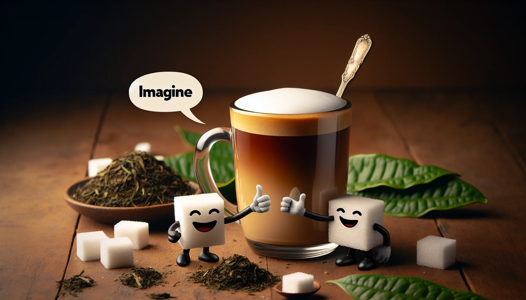 Imagine a comical and enticing scenario featuring a hojicha latte. The drink, a warm and inviting blend of roasted green tea and frothy milk, sits in a shiny, clear glass mug. It's placed on a rustic wooden table. An anthropomorphized pair of sugar cubes are depicted giving it a gleeful thumbs up, as though encouraging prospective drinkers to indulge. Freshly roasted hojicha leaves are scattered whimsically around, adding to the charm of the scene. The vibe is playful and delightful, adding an extra dash of joy to an already delectable beverage.