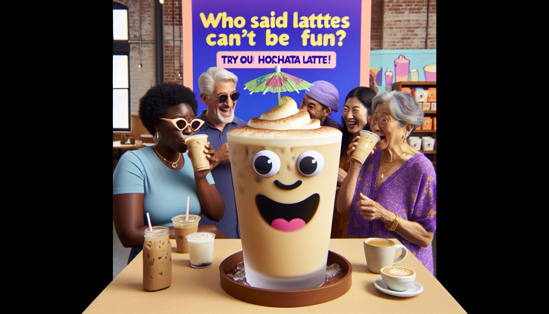 Generate an image of a delightful scene featuring an icy, creamy glass of horchata latte with a wide-eyed, grinning face drawn on. It's surrounded by other coffee drinks that appear slightly less exciting, without faces and not as frosty. The playful horchata latte is lifting a tiny, colorful paper umbrella, suggesting it's more fun to drink. Display words in the backdrop stating: 'Who said Lattes can't be fun? Try Our Horchata Latte!' Meanwhile, a diverse group of people: a black woman sipping her coffee amusedly while watching the scene, a South Asian man laughing, and a Hispanic elderly couple looking intrigued are present, all hinting about the entertaining horchata latte.