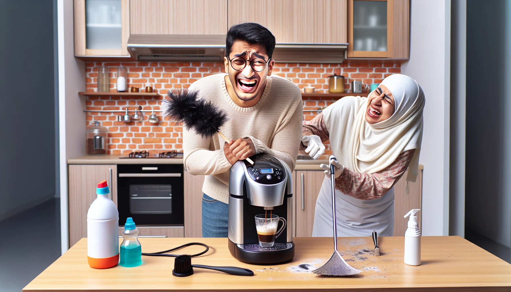 Create a humorous, realistic scene involving the cleaning of a compact espresso machine, not specific to any brand. Picture a baffled yet charmed South Asian man trying to clean the machine using a feather duster under the mistaken belief it's part of the cleaning process. Meanwhile, a laughing Middle Eastern woman stands nearby, holding the correct cleaning tools (a cleaning brush and a decalcifying solution) ready to step in and show him the correct way. Light heartedness fills the room, making the ordinary task entertaining and inviting.