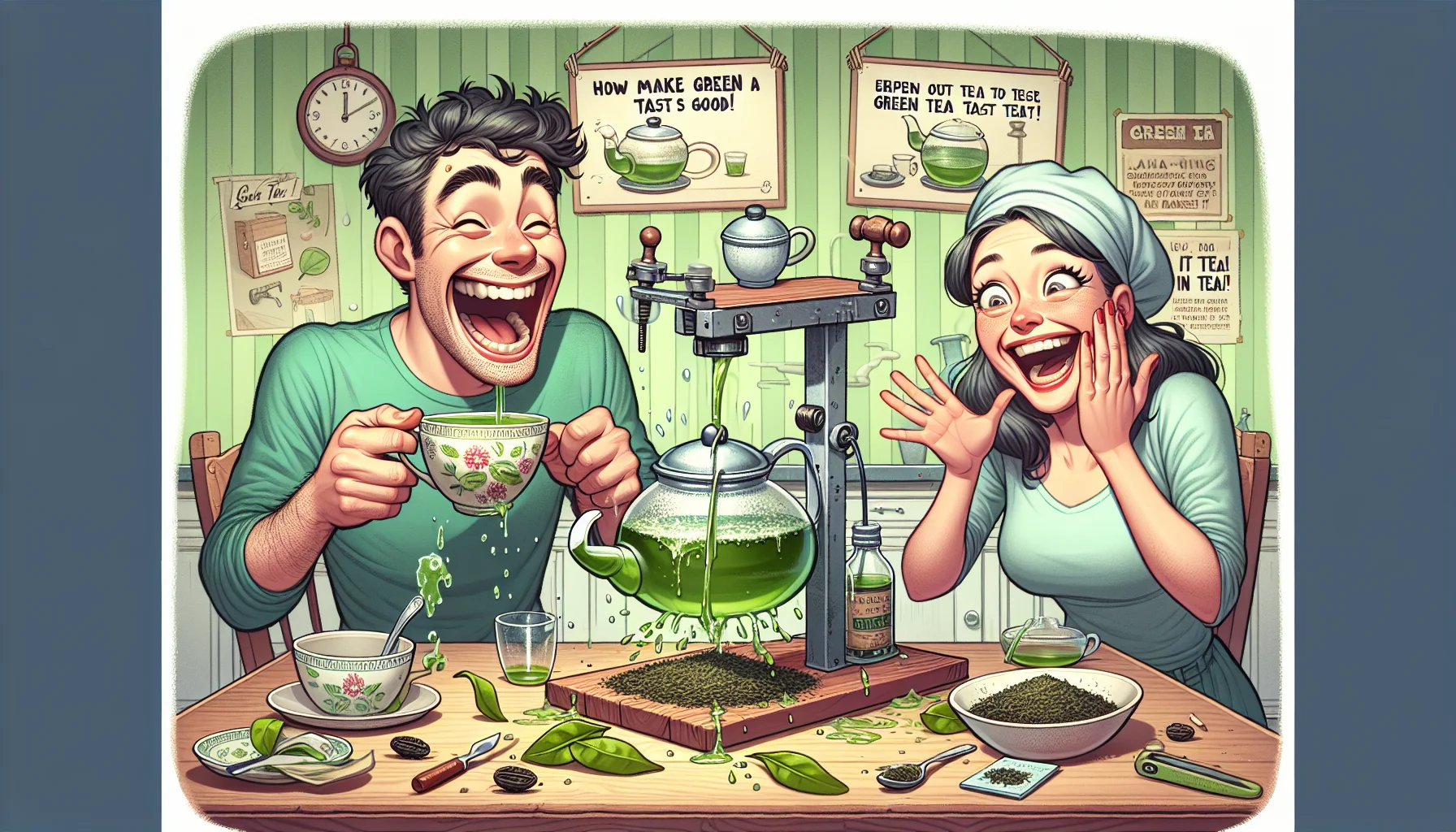 Illustrate a humorous and realistic scene of people enjoying the taste of green tea. Include a Caucasian man laughing heartily while sipping green tea from a decorative cup. Next to him, a Hispanic woman is comically exaggerating her surprise and delight as she tastes the tea. They are standing in a cozy kitchen, with various tea accessories scattered on a wooden table. In the background, a teapot is pouring tea into a cup by itself due to a silly contraption with pulleys and gears. On the wall, there are humorous instructions on how to make green tea taste good. Let this scene inspire people to enjoy green tea.