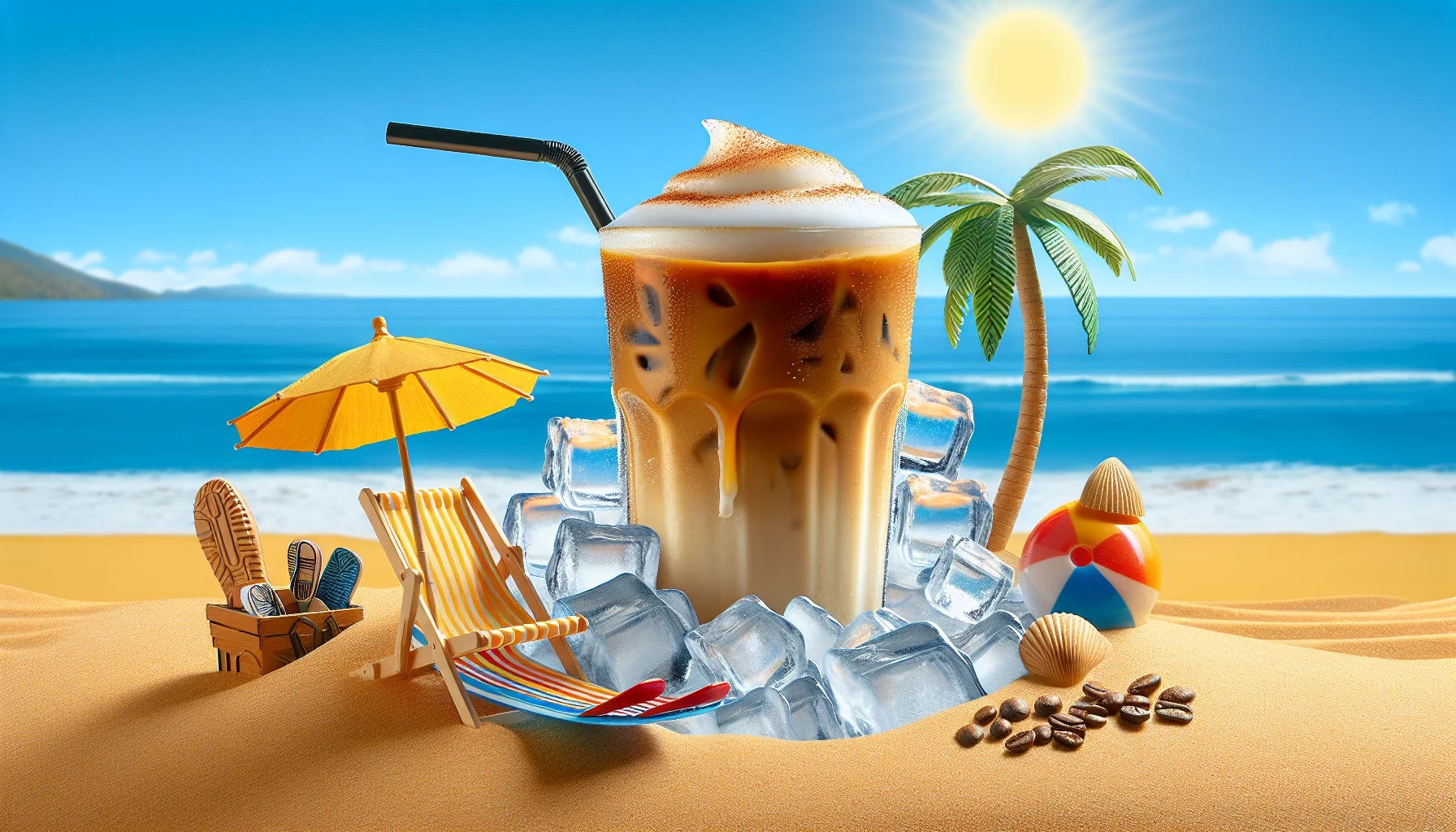 Produce a humorous scene in which an iced cappuccino takes center stage. Perhaps the cappuccino could be skiing down an avalanche of ice, or maybe it’s sitting in a tiny beach chair with a mini umbrella, sunbathing under the scorching sun. Let's see an appealing summer background, think blue ocean, yellow sand, palm trees. The idea is to project a sense of relaxation, fun, and also a cheeky invite for people to refresh themselves with a cold beverage, especially an iced cappuccino on a hot day.
