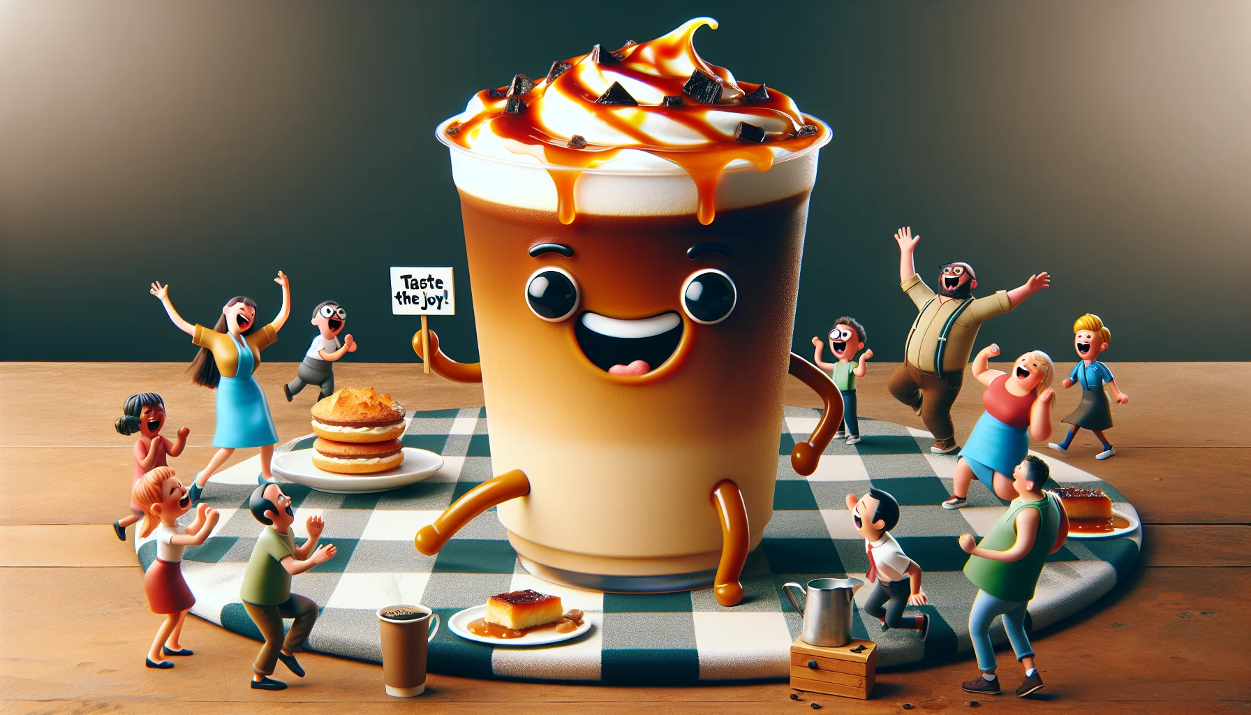 Create a comical and enticing image that depicts a iced caramel brûlée latte in a unique scenario. The latte, with its appealing layers of bold espresso, milk, rich caramel, and a smoky-sweet layer of brûlée topping should be the focal point of the image. The latte can be anthropomorphized, complete with cartoonish eyes and a wide grin. Imagine it wearing a small bow tie, tap-dancing on a checkered table cloth next to a plate of pastries. It's waving a small sign that says 'Taste the Joy!'. Surrounding the table, there are people from various descents and genders literally being swept off their feet due to their growing desire to try the latte.