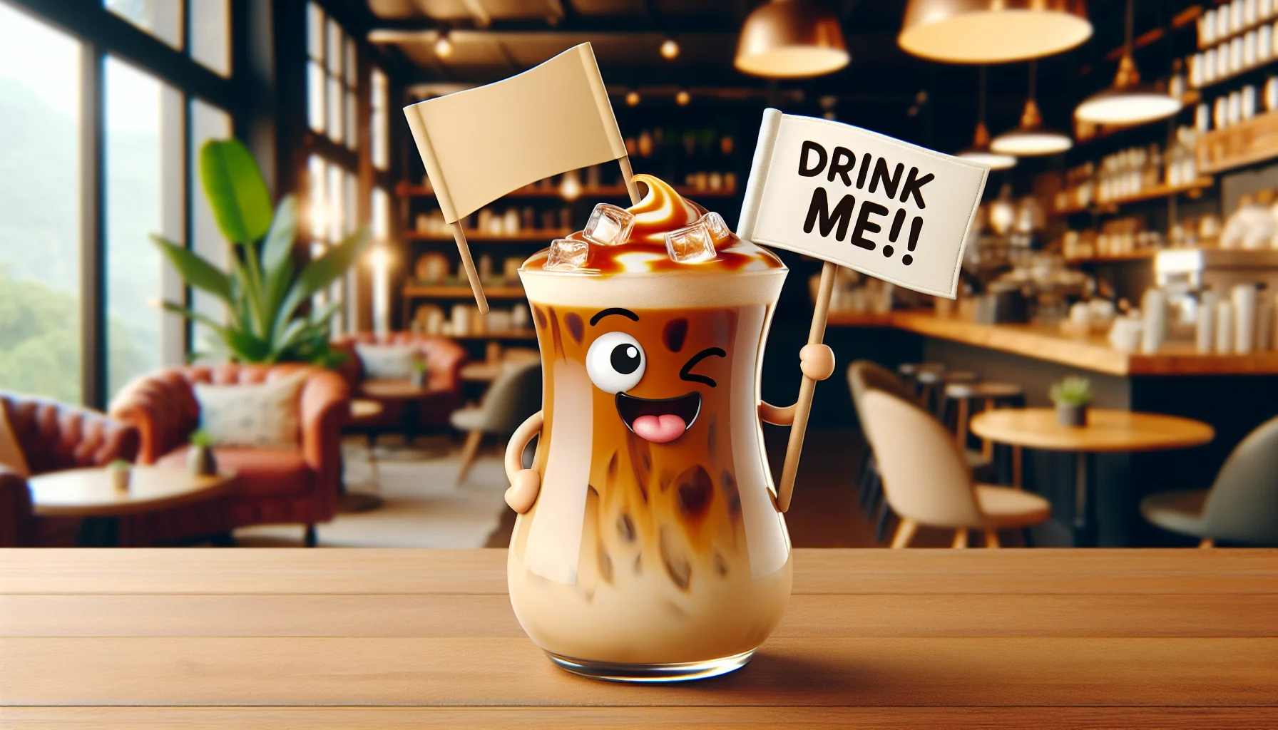 Create a playful and humorous scene with a realistic image of an iced caramel latte. Imagine the latte has sprouted cartoon arms and is winking while holding a mini flag that says 'Drink Me!'. It is placed on a wooden table. In the background, you can see a cozy, warmly lit coffee shop interior with comfortable chairs and plants all around.